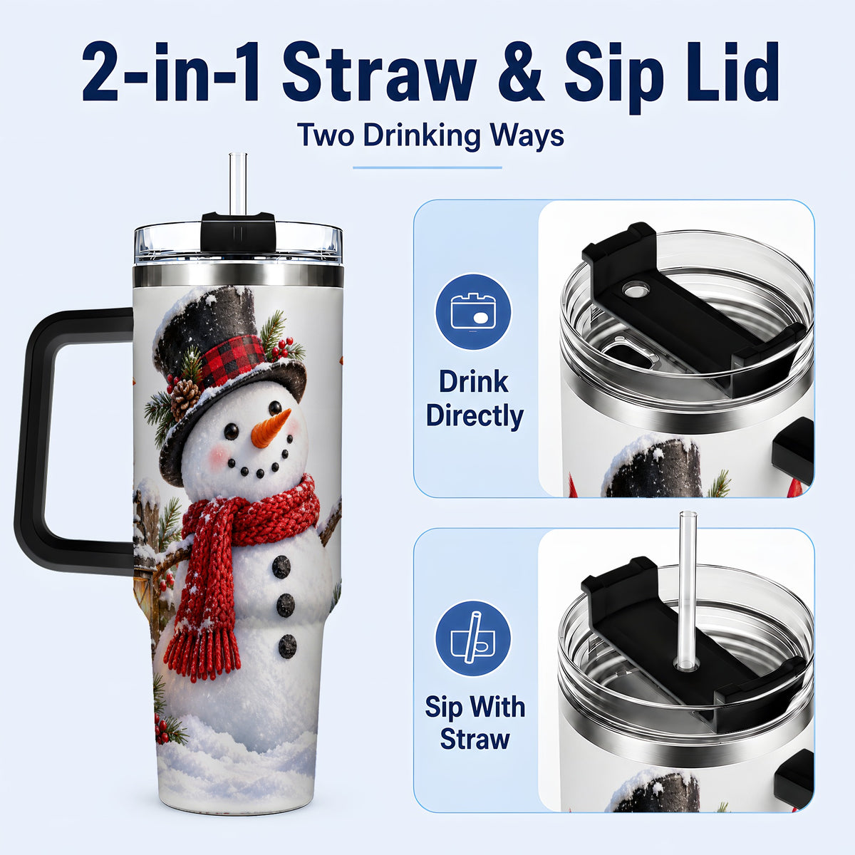 #pl[40oz|Black] Snowman Cardinal 40oz Tumbler, Holiday Stainless Steel Travel Cup