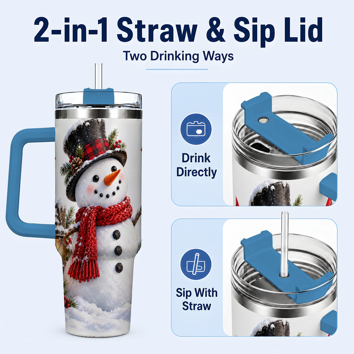 #pl[40oz|Blue] Snowman Cardinal 40oz Tumbler, Holiday Stainless Steel Travel Cup