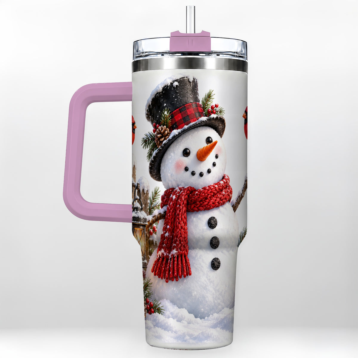 #pl[40oz|Pink] Snowman Cardinal 40oz Tumbler, Holiday Stainless Steel Travel Cup