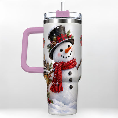 #pl[40oz|Pink] Snowman Cardinal 40oz Tumbler, Holiday Stainless Steel Travel Cup