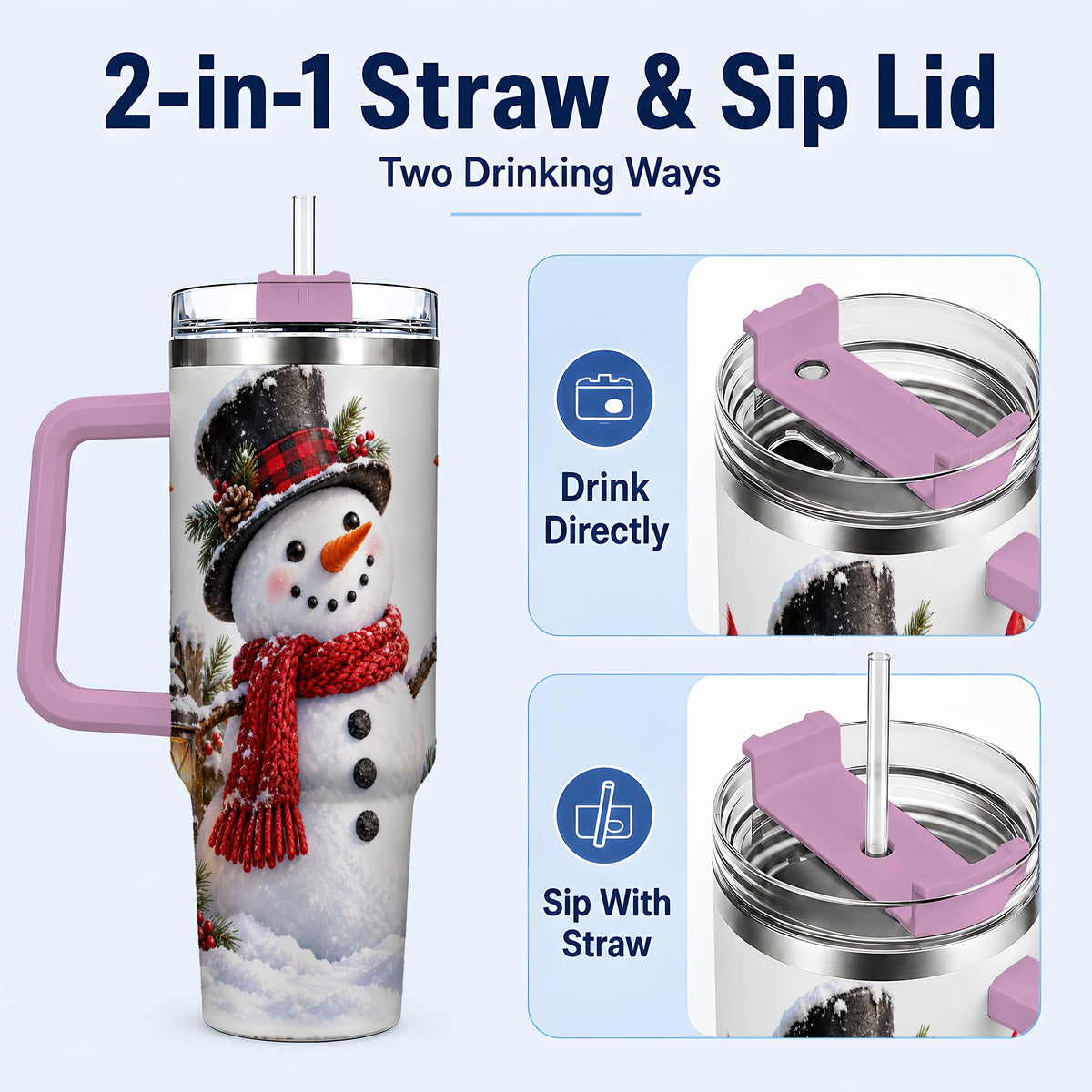 #pl[40oz|Pink] Snowman Cardinal 40oz Tumbler, Holiday Stainless Steel Travel Cup