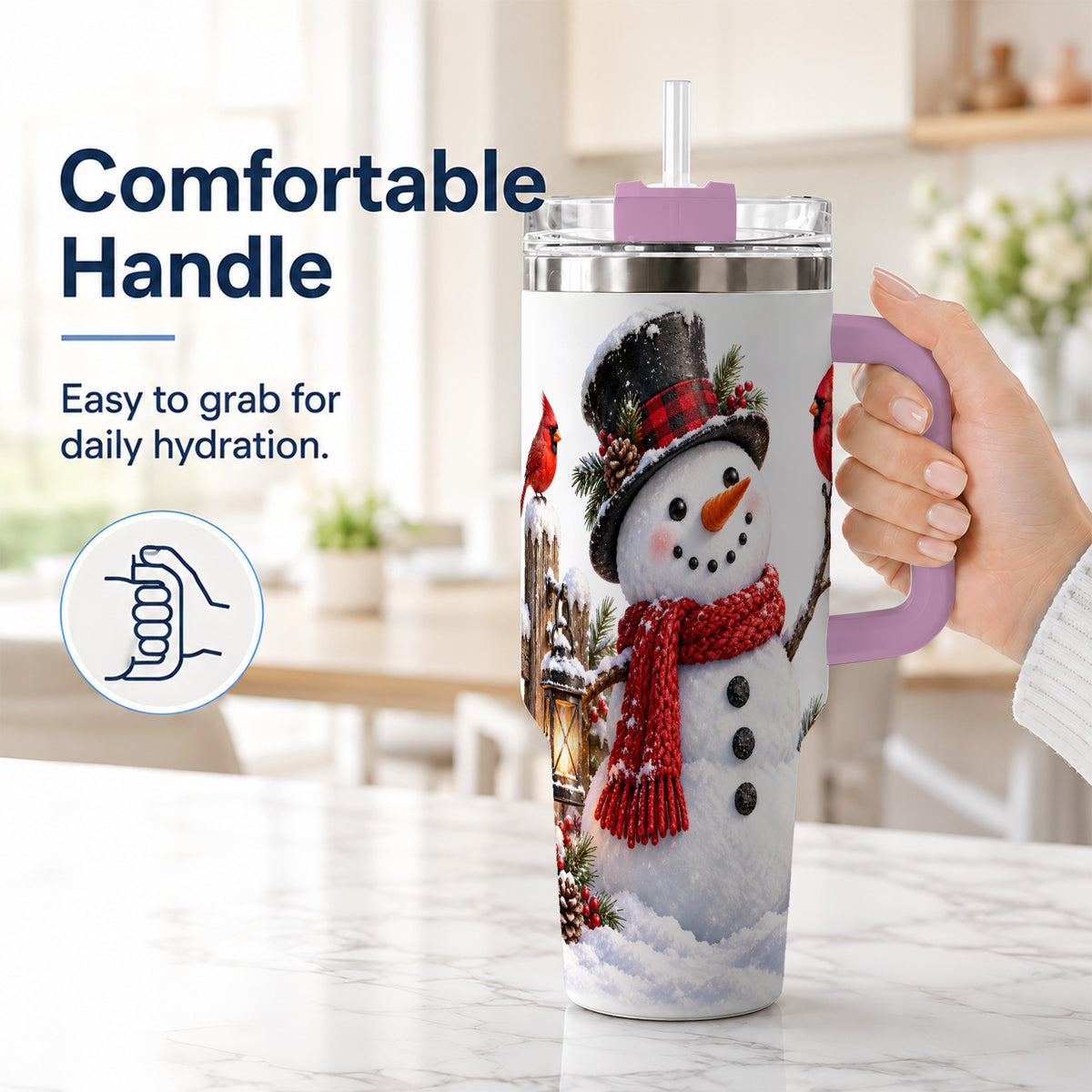 #pl[40oz|Pink] Snowman Cardinal 40oz Tumbler, Holiday Stainless Steel Travel Cup