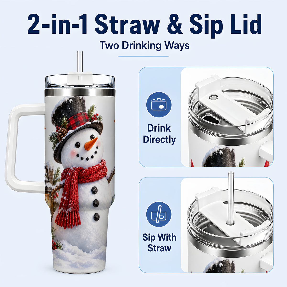 #pl[40oz|White] Snowman Cardinal 40oz Tumbler, Holiday Stainless Steel Travel Cup