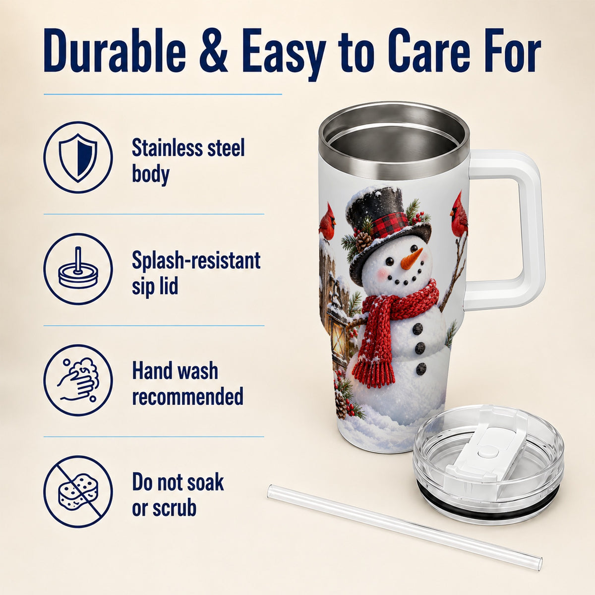 Snowman Cardinal 40oz Tumbler, Holiday Stainless Steel Travel Cup