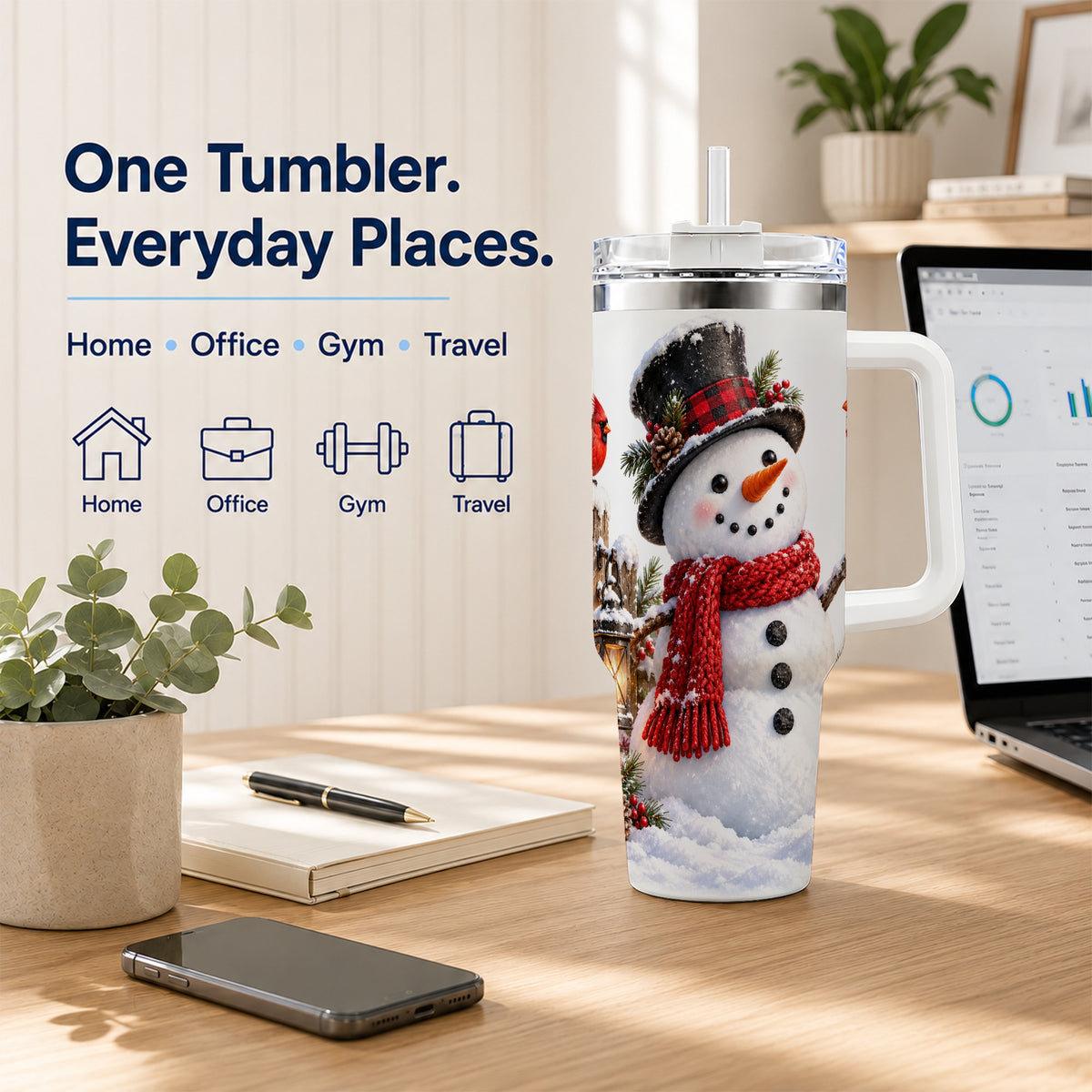 Snowman Cardinal 40oz Tumbler, Holiday Stainless Steel Travel Cup