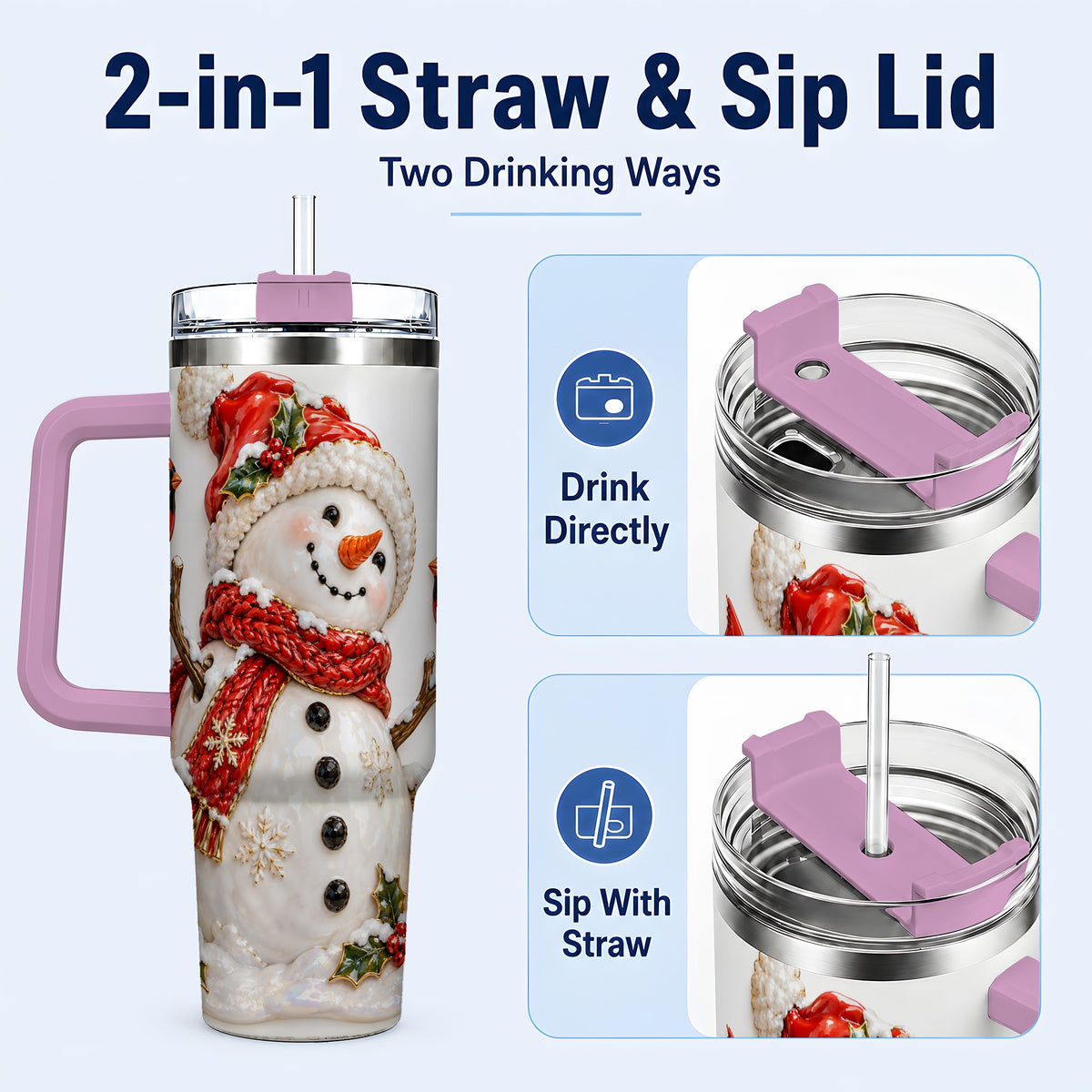 #pl[40oz|Pink] Holiday Snowman 40oz Tumbler, Cardinal Stainless Steel Travel Cup