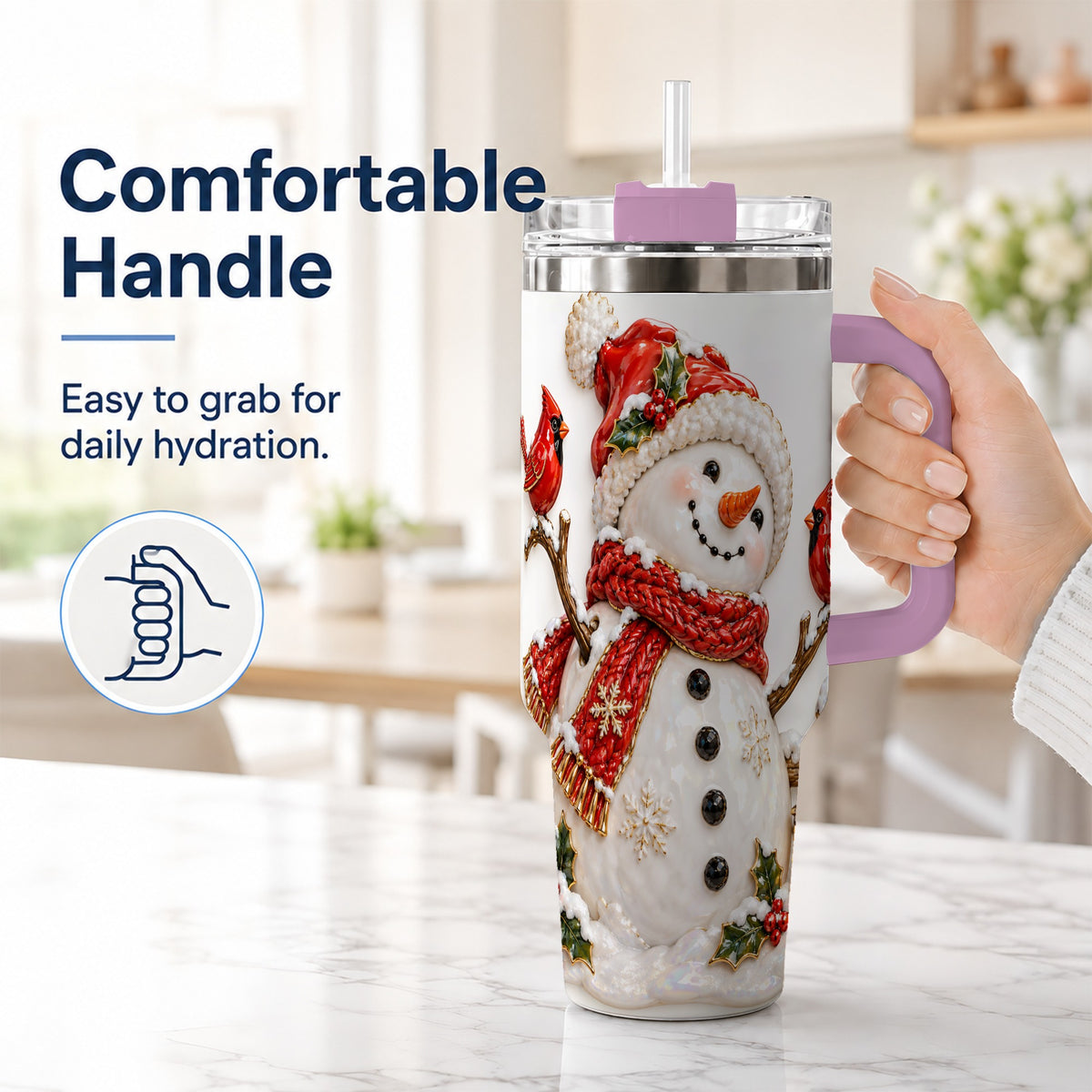 #pl[40oz|Pink] Holiday Snowman 40oz Tumbler, Cardinal Stainless Steel Travel Cup