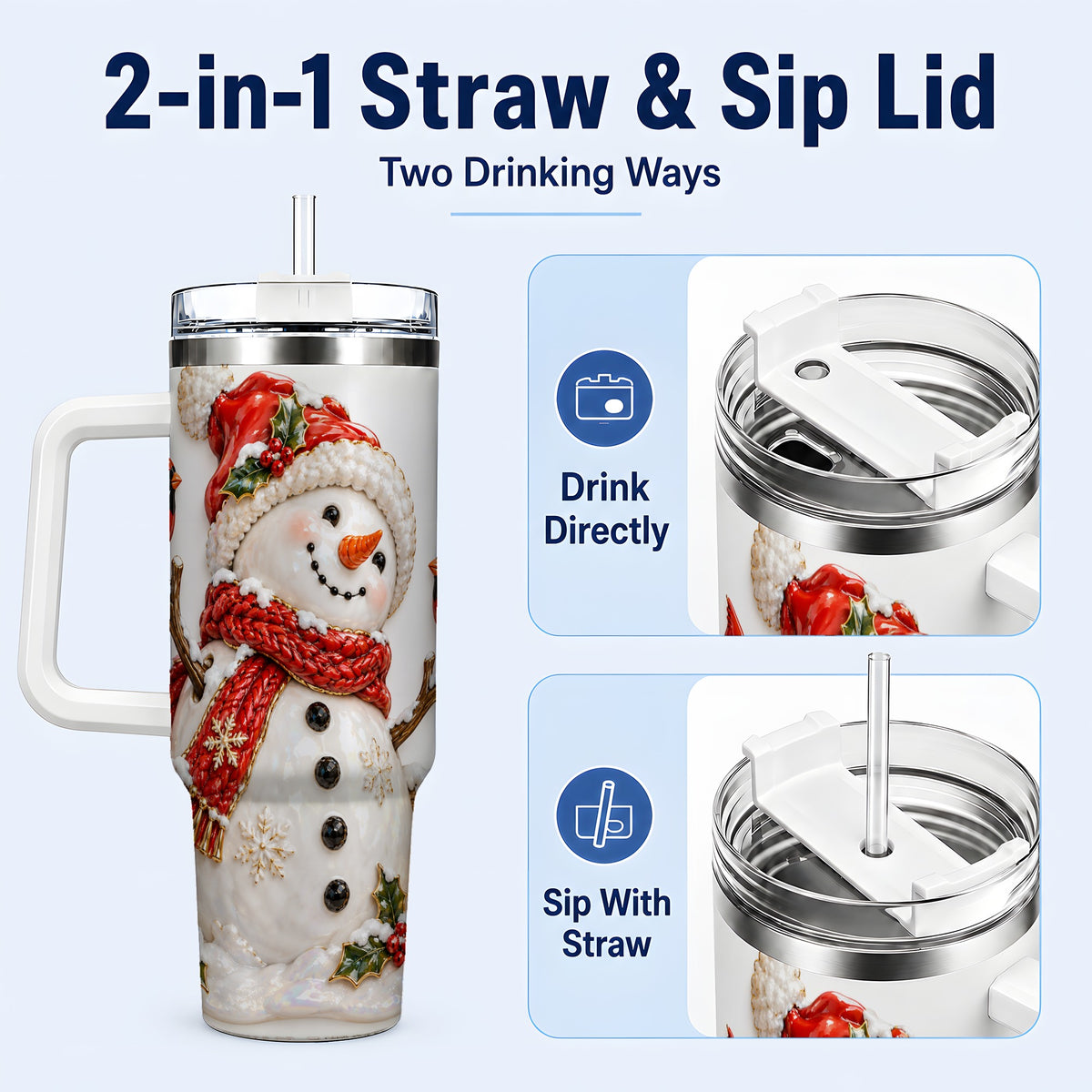#pl[40oz|White] Holiday Snowman 40oz Tumbler, Cardinal Stainless Steel Travel Cup