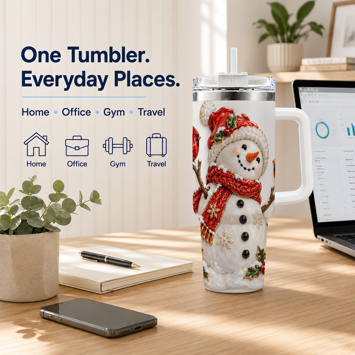 Holiday Snowman 40oz Tumbler, Cardinal Stainless Steel Travel Cup
