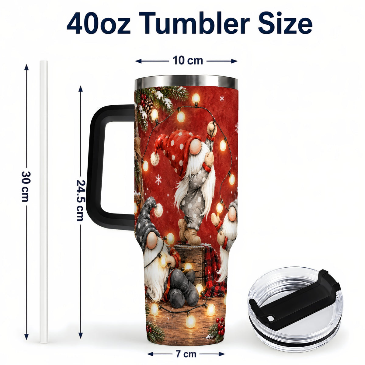 #pl[40oz|Black] Christmas Gnome 40oz Tumbler, Holiday Lights Stainless Steel Travel Cup