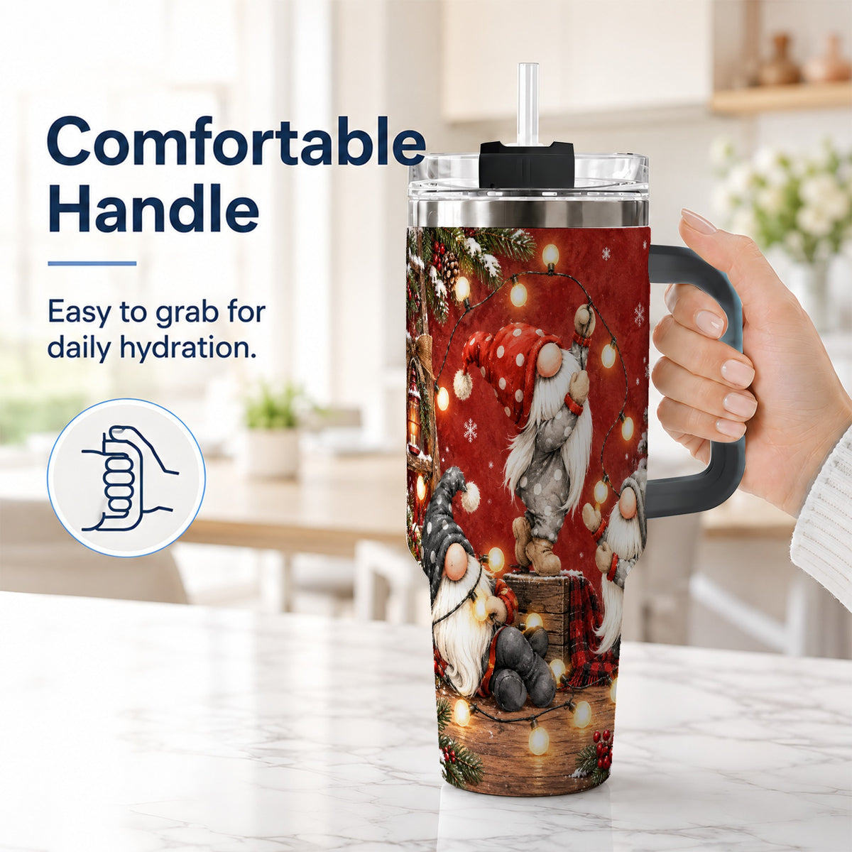 #pl[40oz|Black] Christmas Gnome 40oz Tumbler, Holiday Lights Stainless Steel Travel Cup