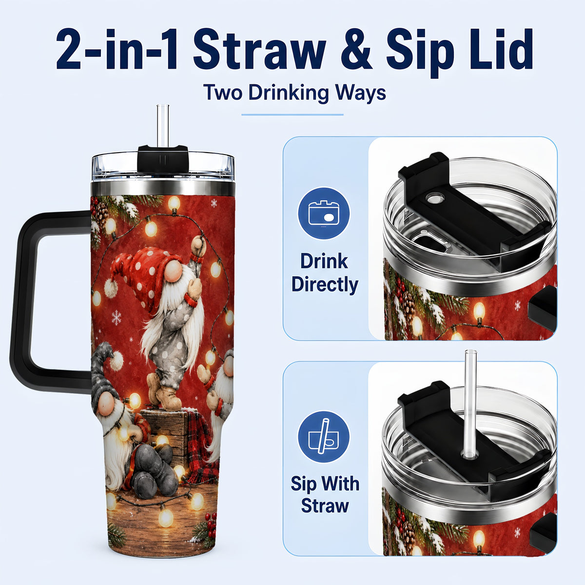 #pl[40oz|Black] Christmas Gnome 40oz Tumbler, Holiday Lights Stainless Steel Travel Cup