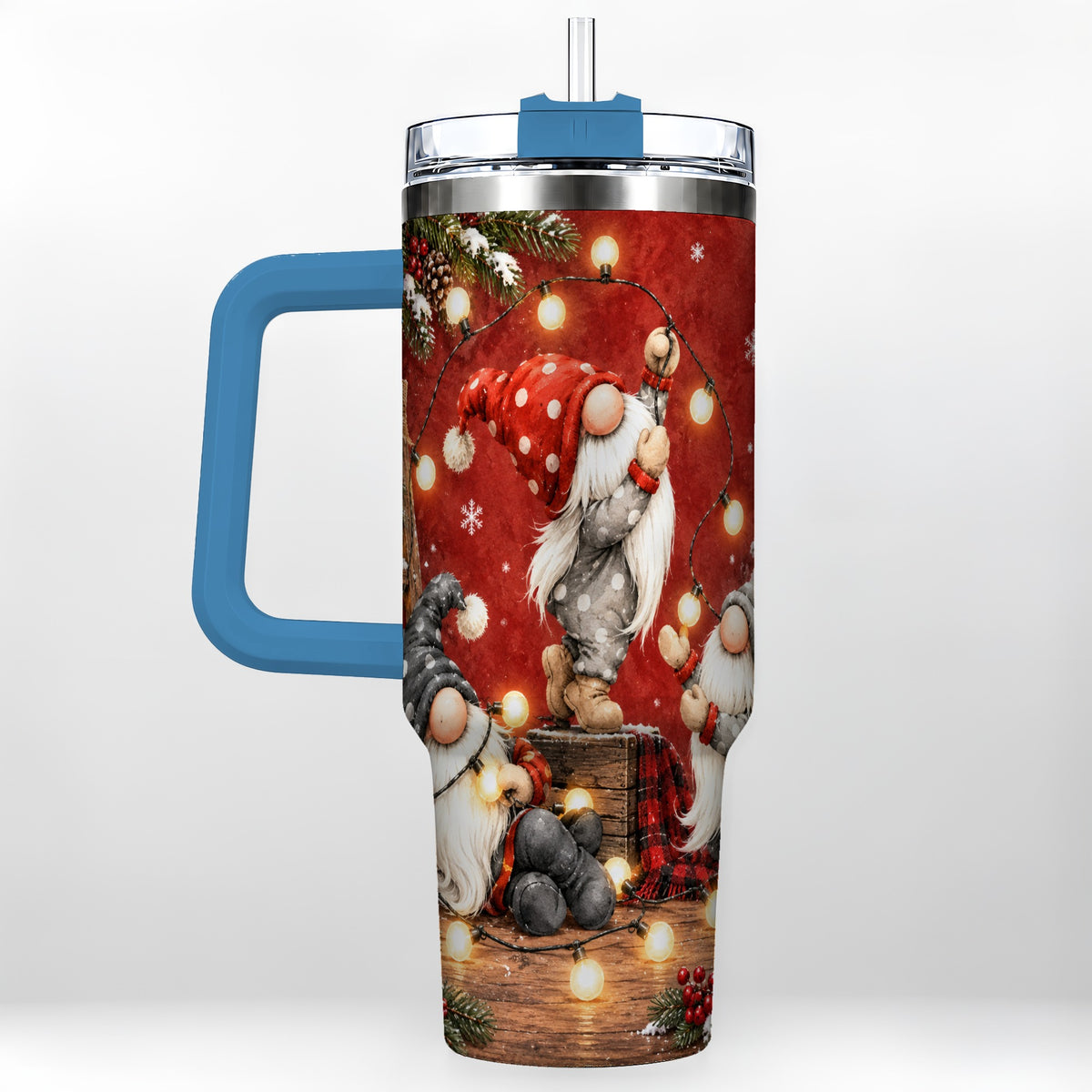 #pl[40oz|Blue] Christmas Gnome 40oz Tumbler, Holiday Lights Stainless Steel Travel Cup
