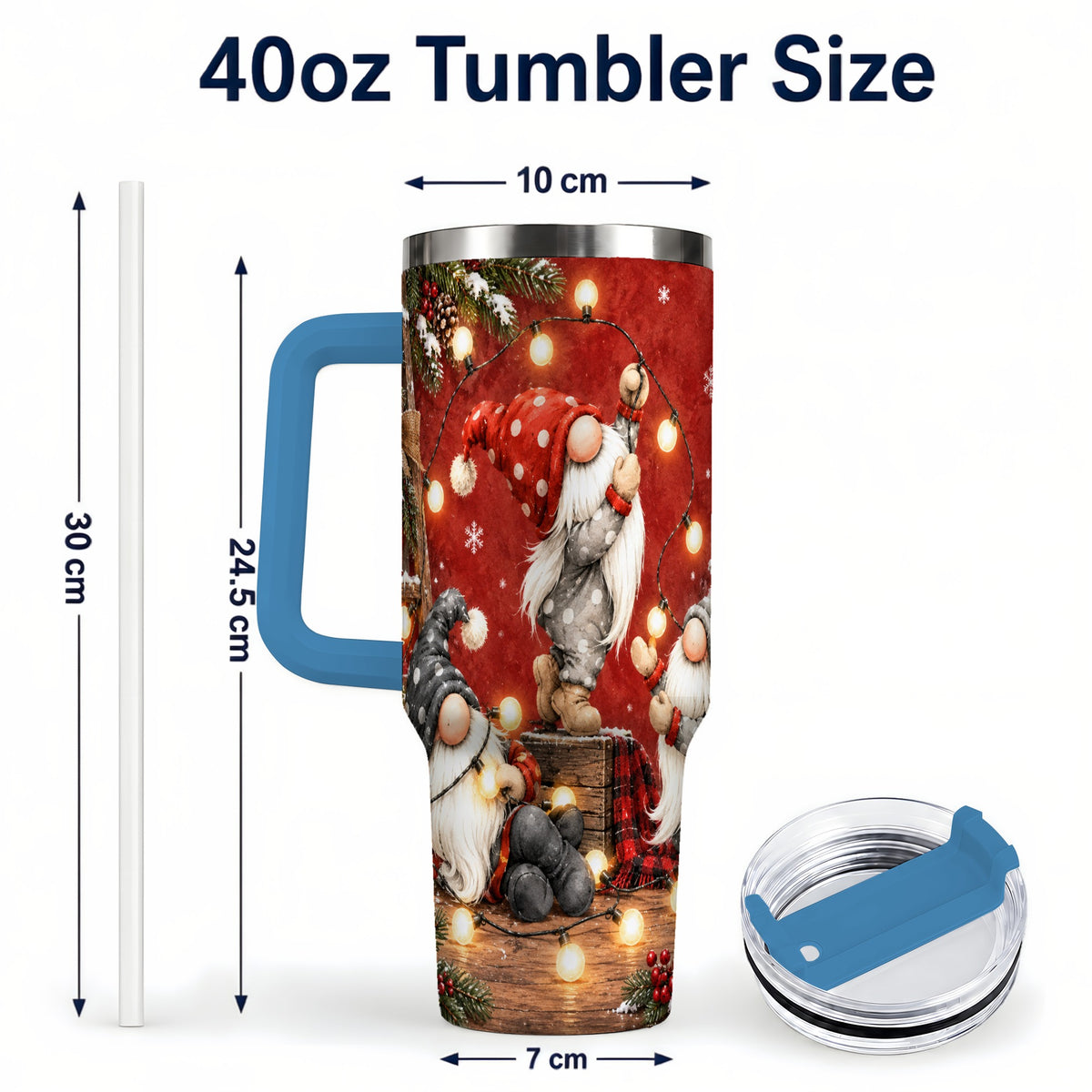 #pl[40oz|Blue] Christmas Gnome 40oz Tumbler, Holiday Lights Stainless Steel Travel Cup