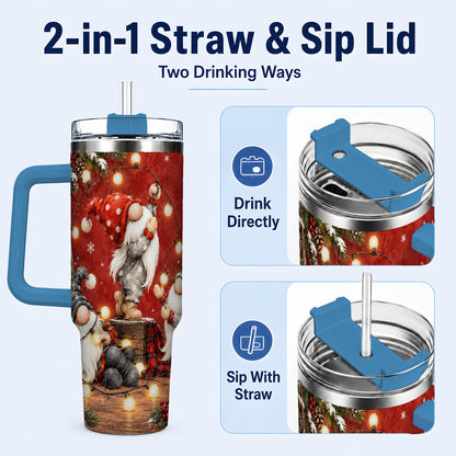 #pl[40oz|Blue] Christmas Gnome 40oz Tumbler, Holiday Lights Stainless Steel Travel Cup