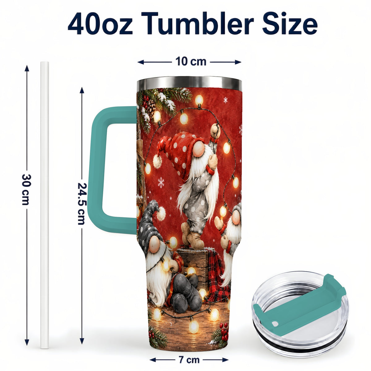 #pl[40oz|Green] Christmas Gnome 40oz Tumbler, Holiday Lights Stainless Steel Travel Cup