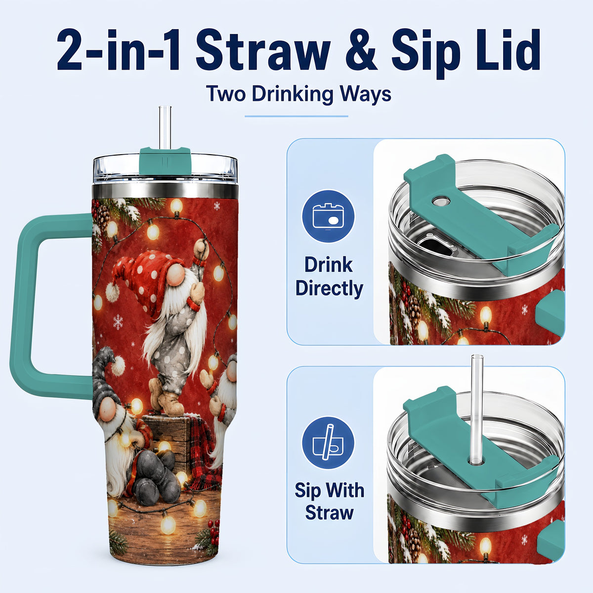 #pl[40oz|Green] Christmas Gnome 40oz Tumbler, Holiday Lights Stainless Steel Travel Cup
