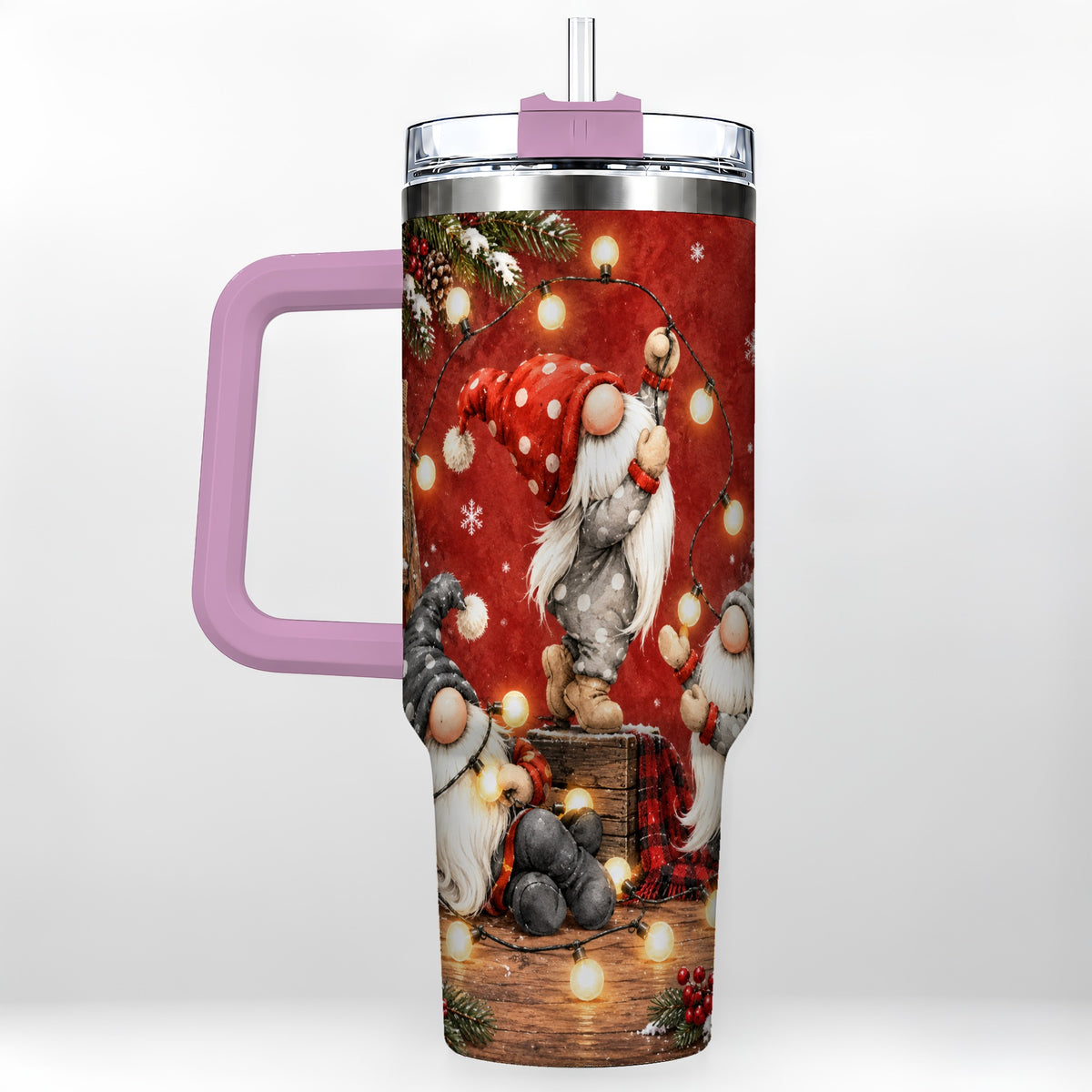 #pl[40oz|Pink] Christmas Gnome 40oz Tumbler, Holiday Lights Stainless Steel Travel Cup