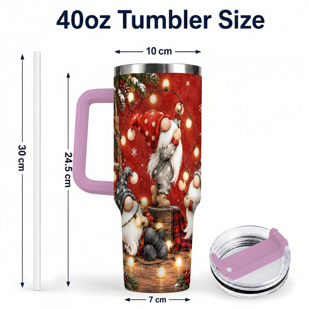 #pl[40oz|Pink] Christmas Gnome 40oz Tumbler, Holiday Lights Stainless Steel Travel Cup
