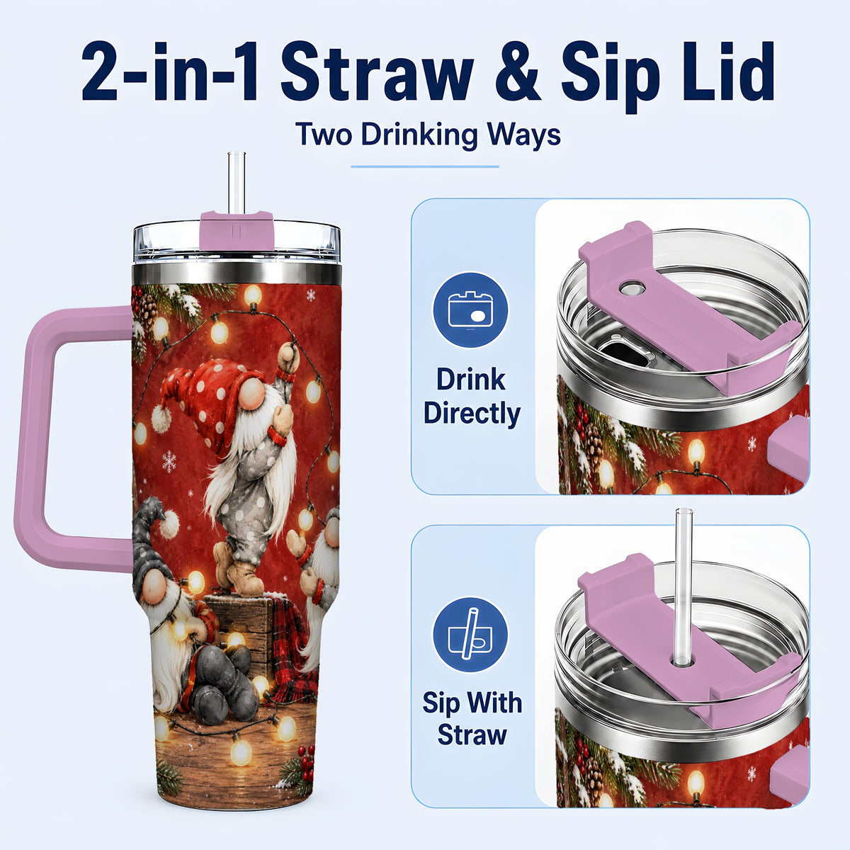 #pl[40oz|Pink] Christmas Gnome 40oz Tumbler, Holiday Lights Stainless Steel Travel Cup