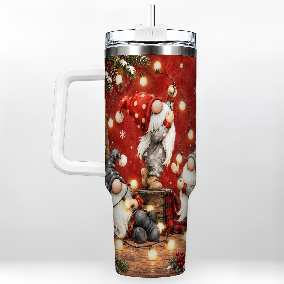Christmas Gnome 40oz Tumbler, Holiday Lights Stainless Steel Travel Cup