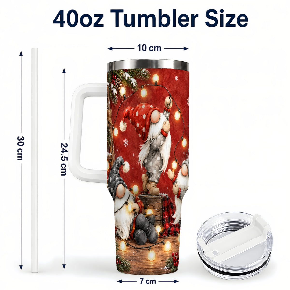 #pl[40oz|White] Christmas Gnome 40oz Tumbler, Holiday Lights Stainless Steel Travel Cup