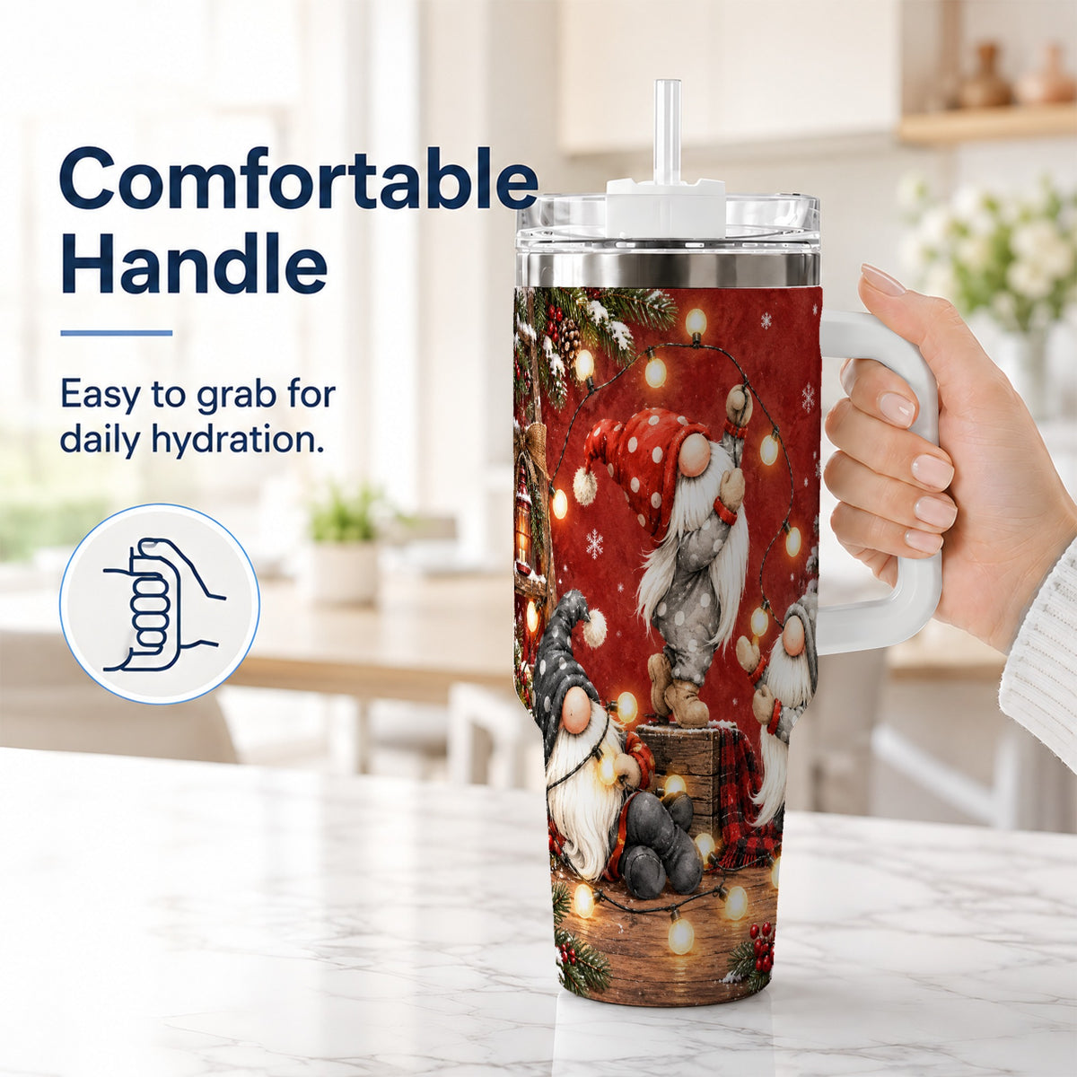 #pl[40oz|White] Christmas Gnome 40oz Tumbler, Holiday Lights Stainless Steel Travel Cup