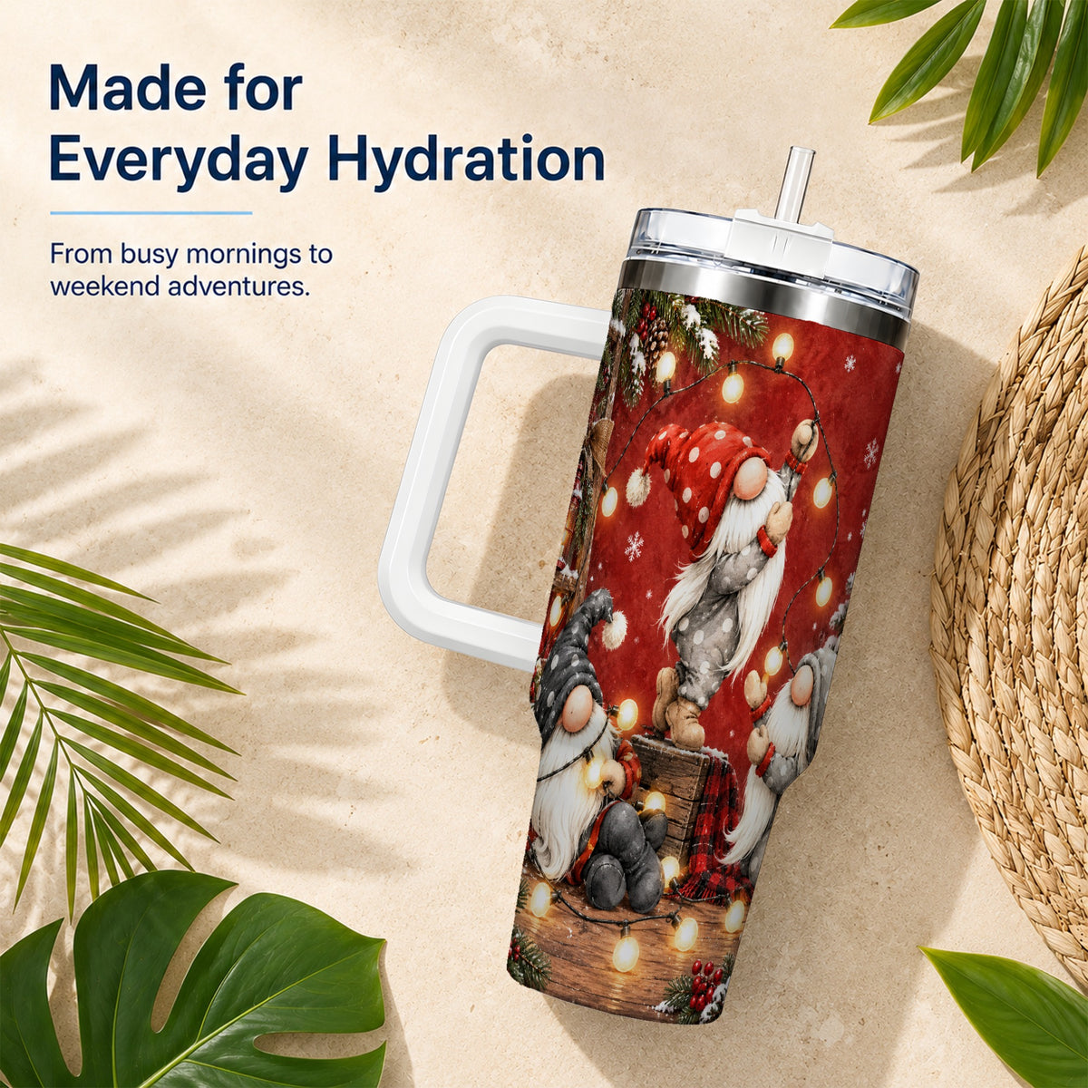 Christmas Gnome 40oz Tumbler, Holiday Lights Stainless Steel Travel Cup