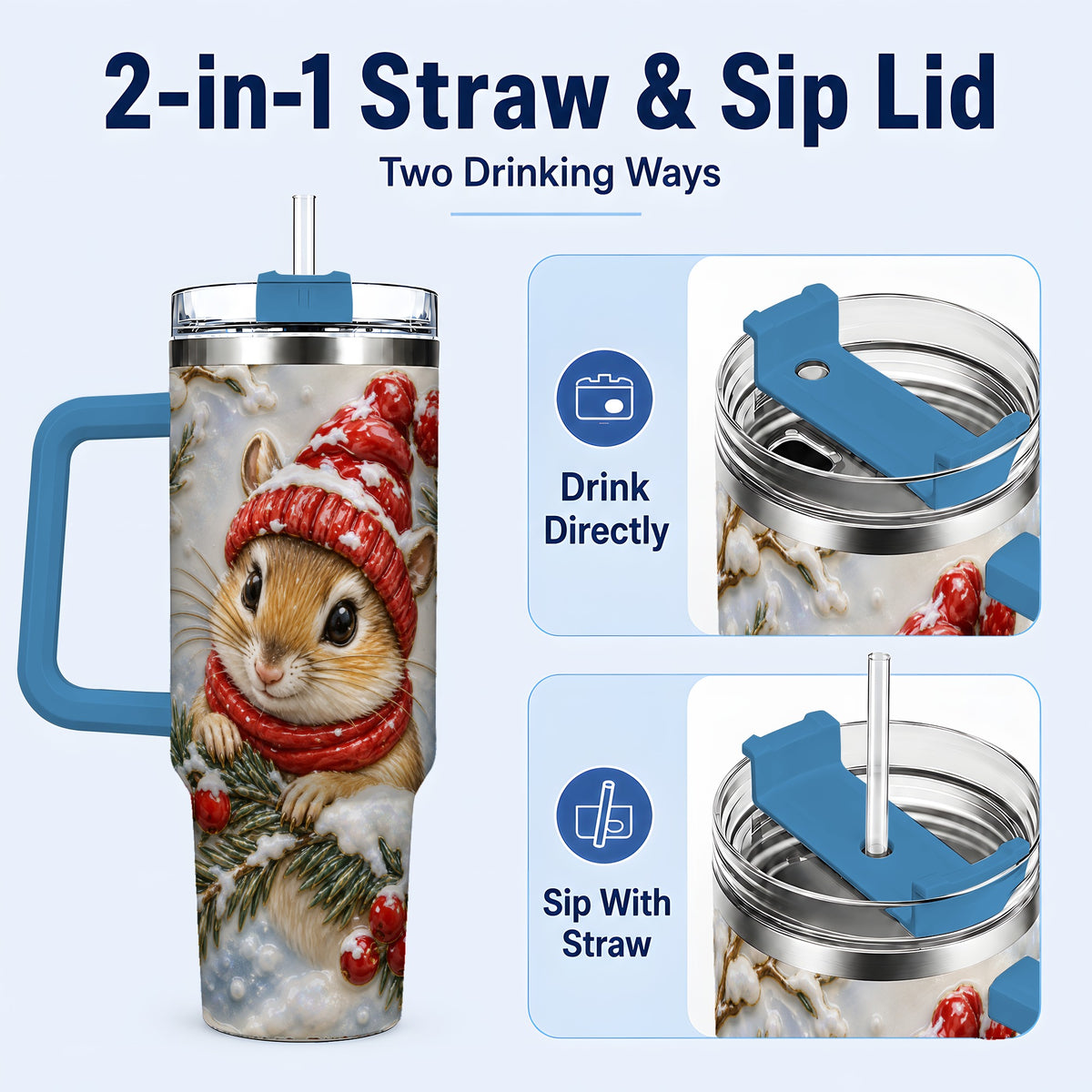 #pl[40oz|Blue] Winter Mouse Tumbler 40oz, Woodland Tumbler, Stainless Steel Travel Cup