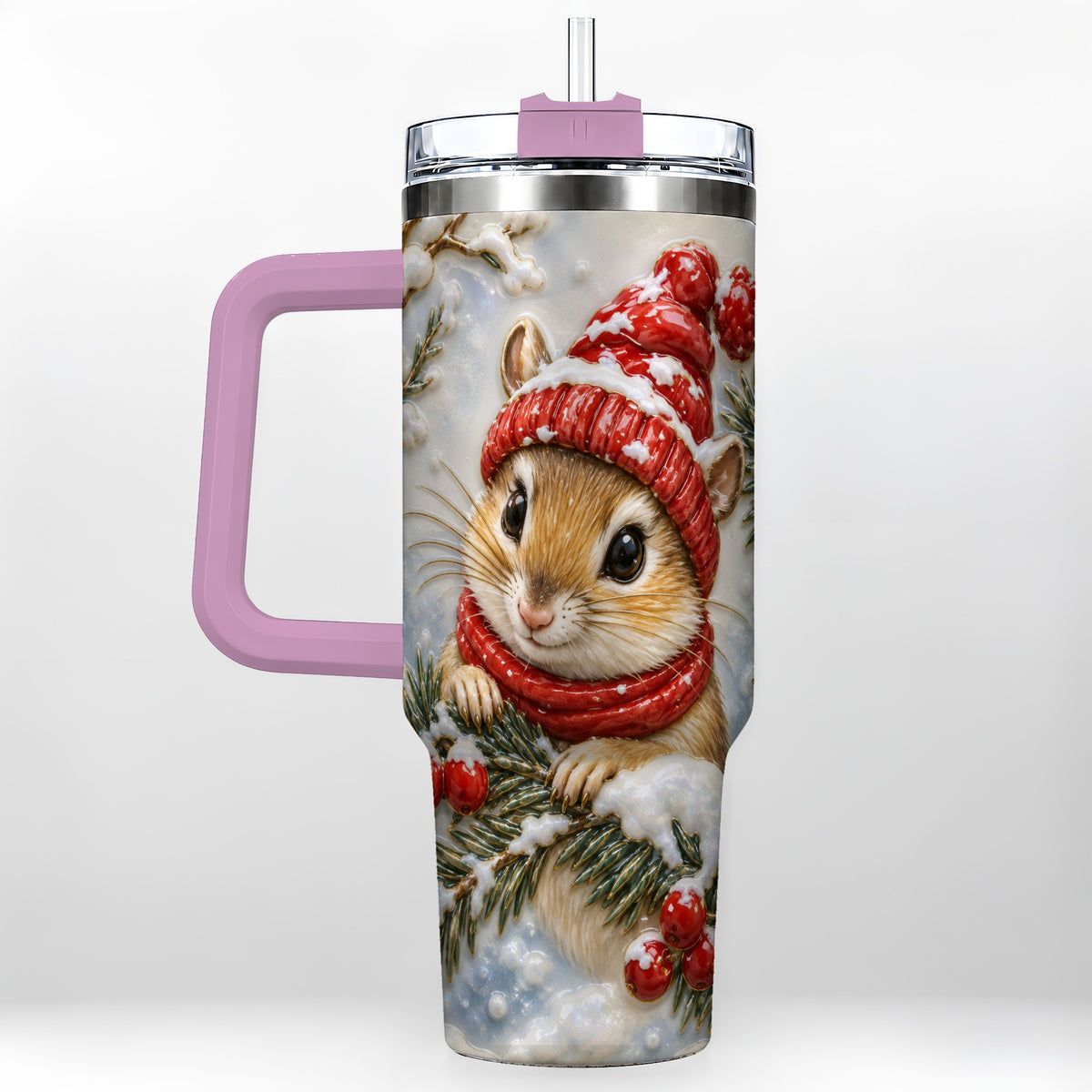 #pl[40oz|Pink] Winter Mouse Tumbler 40oz, Woodland Tumbler, Stainless Steel Travel Cup