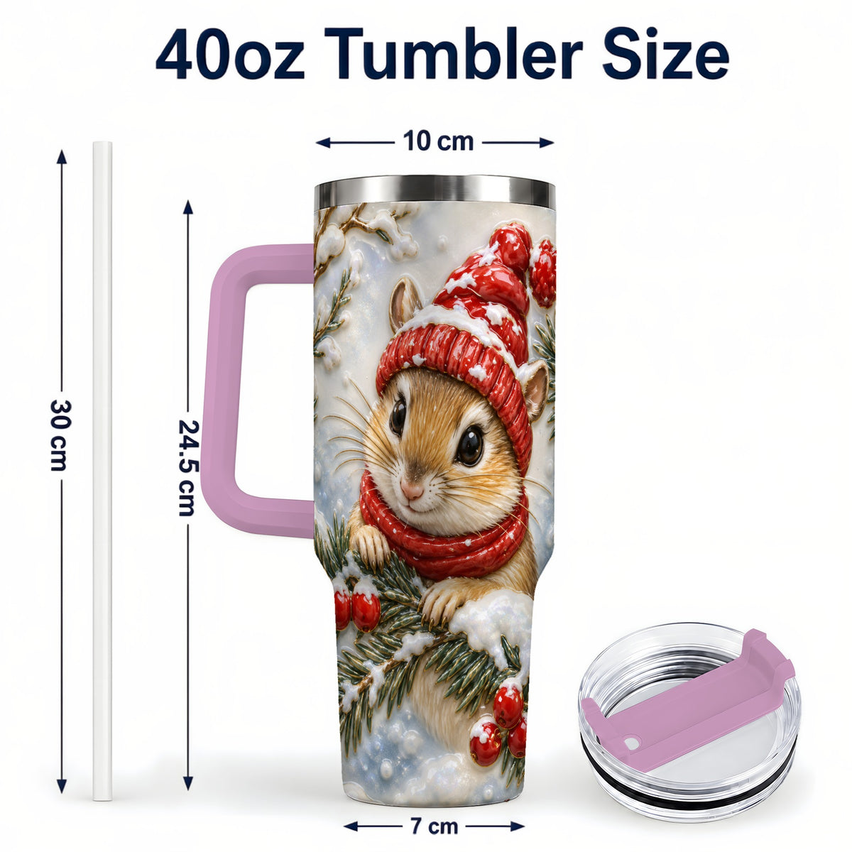 #pl[40oz|Pink] Winter Mouse Tumbler 40oz, Woodland Tumbler, Stainless Steel Travel Cup