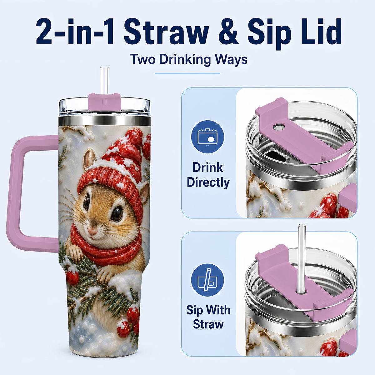 #pl[40oz|Pink] Winter Mouse Tumbler 40oz, Woodland Tumbler, Stainless Steel Travel Cup