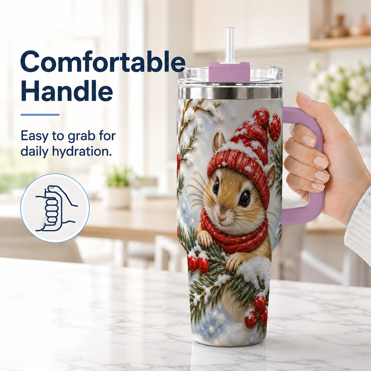 #pl[40oz|Pink] Winter Mouse Tumbler 40oz, Woodland Tumbler, Stainless Steel Travel Cup