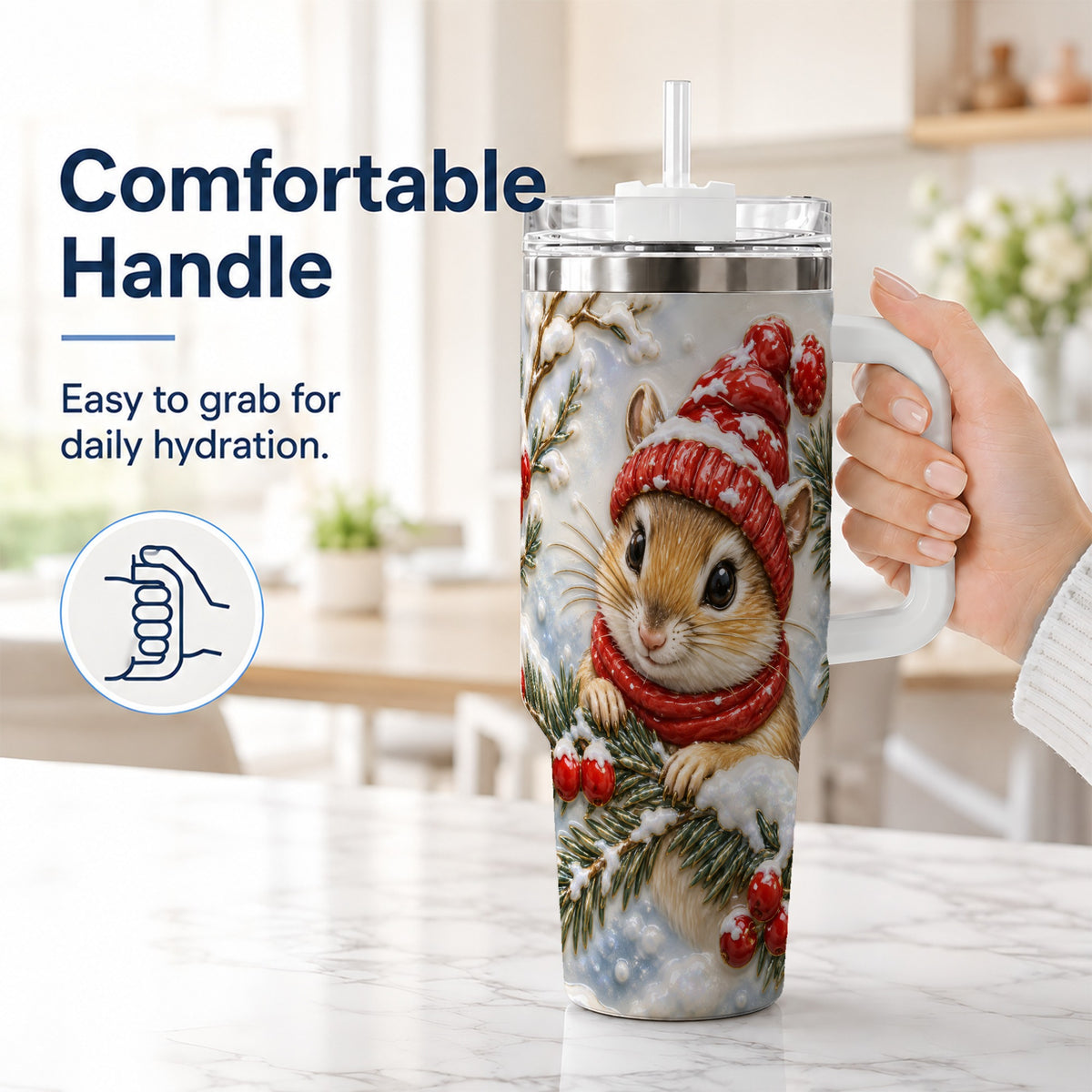 #pl[40oz|White] Winter Mouse Tumbler 40oz, Woodland Tumbler, Stainless Steel Travel Cup