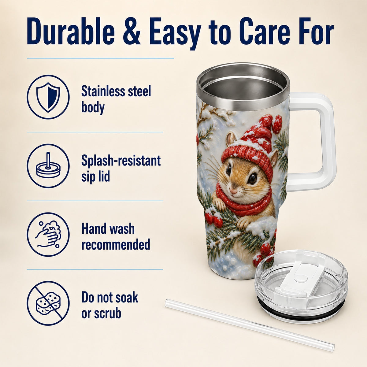 Winter Mouse Tumbler 40oz, Woodland Tumbler, Stainless Steel Travel Cup