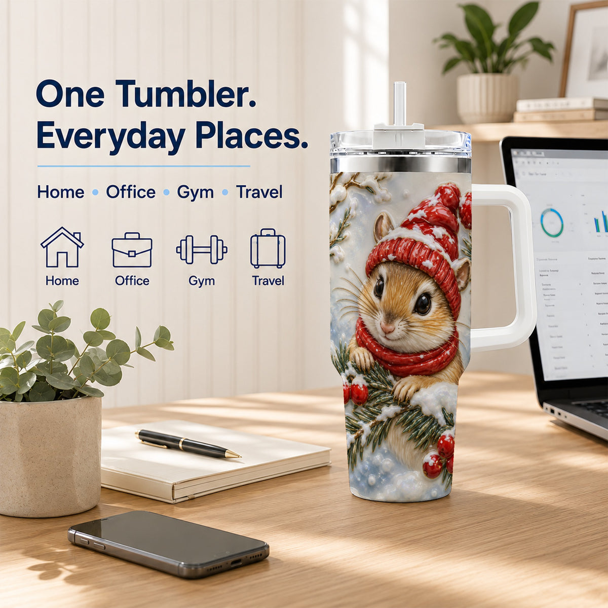 Winter Mouse Tumbler 40oz, Woodland Tumbler, Stainless Steel Travel Cup