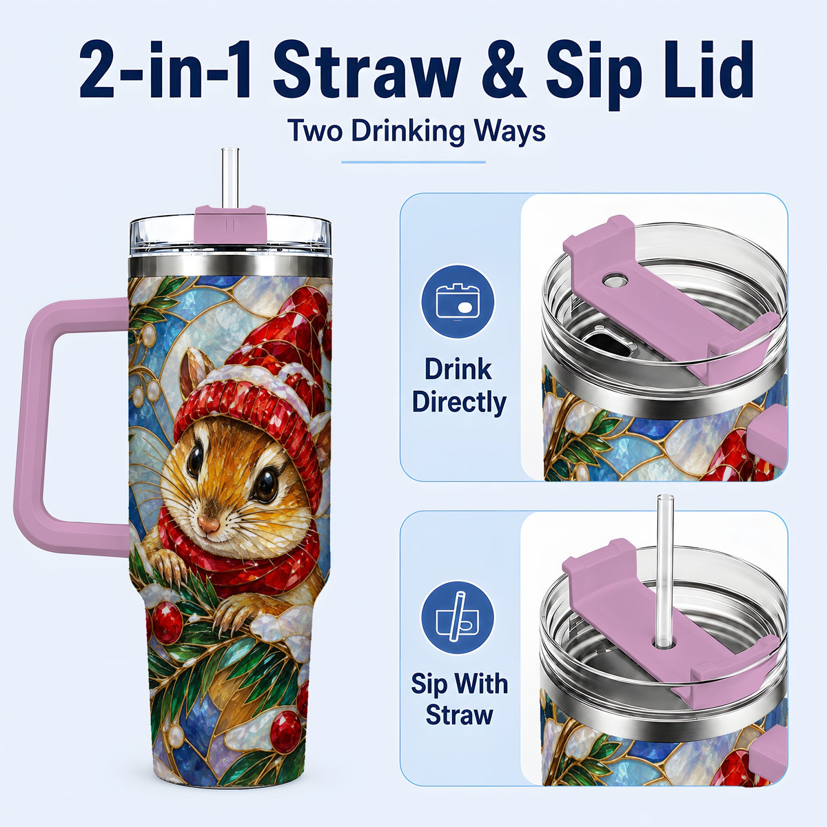 #pl[40oz|Pink] Glass Mouse Tumbler 40oz, Winter Tumbler, Stainless Steel Travel Cup