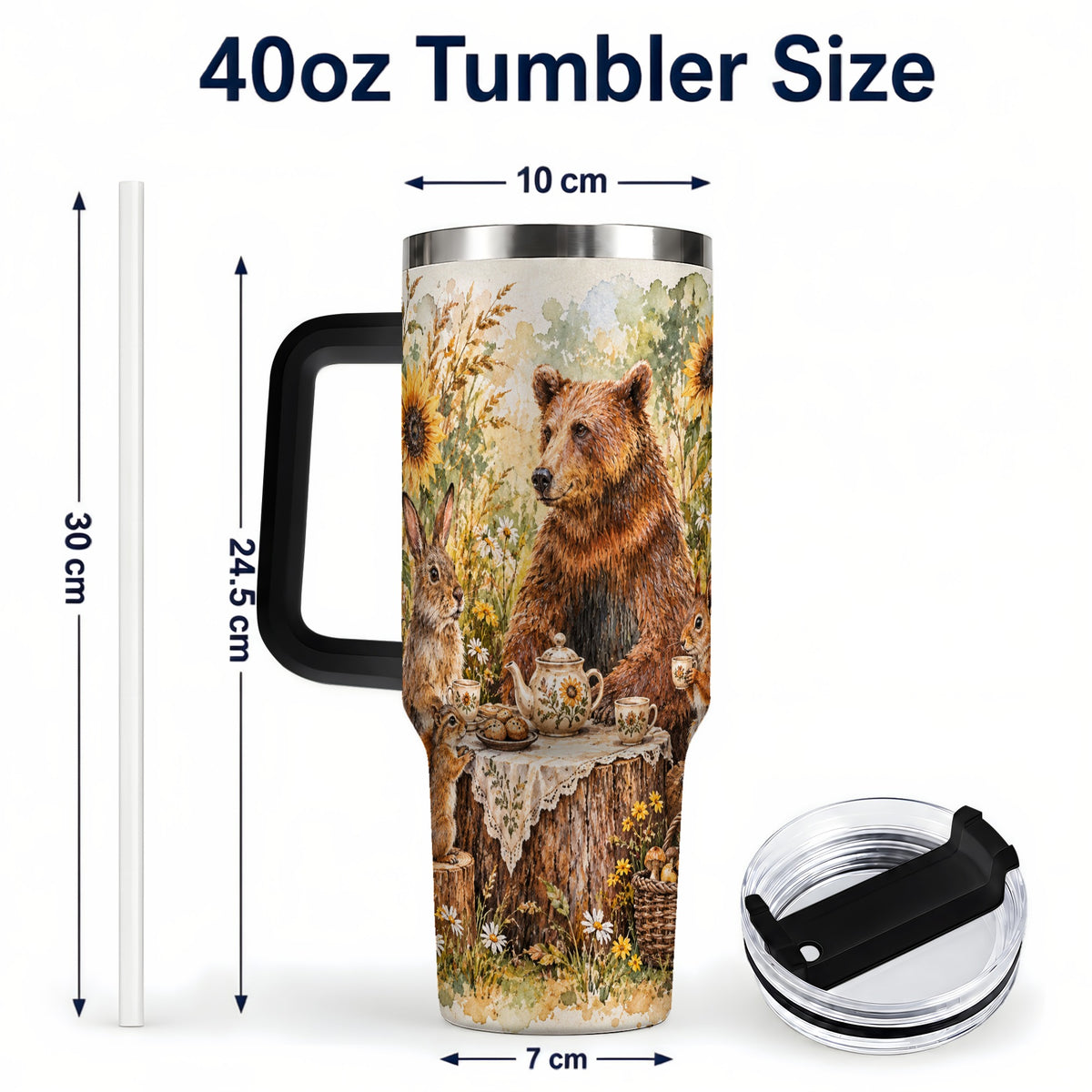 #pl[40oz|Black] Woodland Tea Party Tumbler 40oz, Forest Tumbler, Stainless Steel Travel Cup