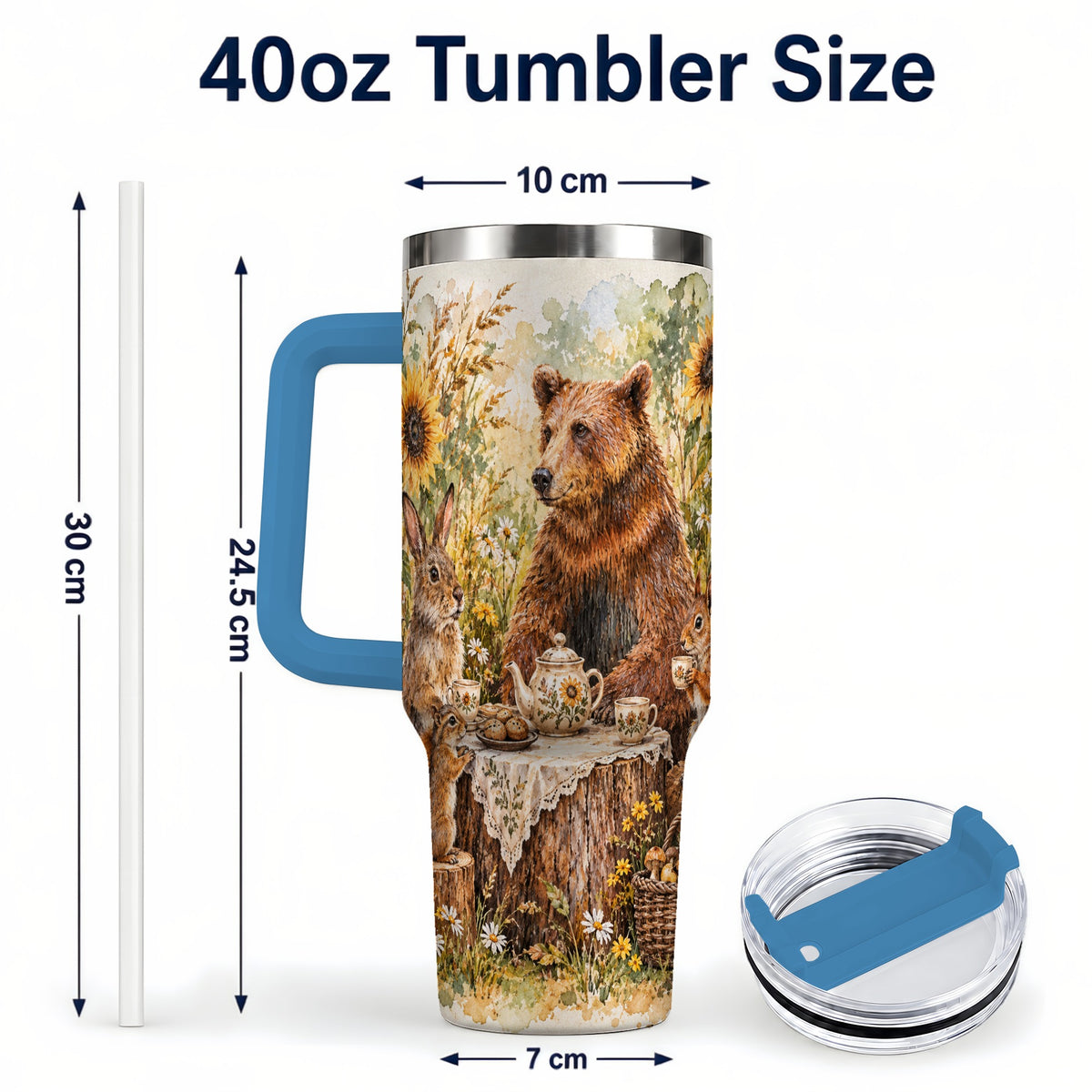 #pl[40oz|Blue] Woodland Tea Party Tumbler 40oz, Forest Tumbler, Stainless Steel Travel Cup