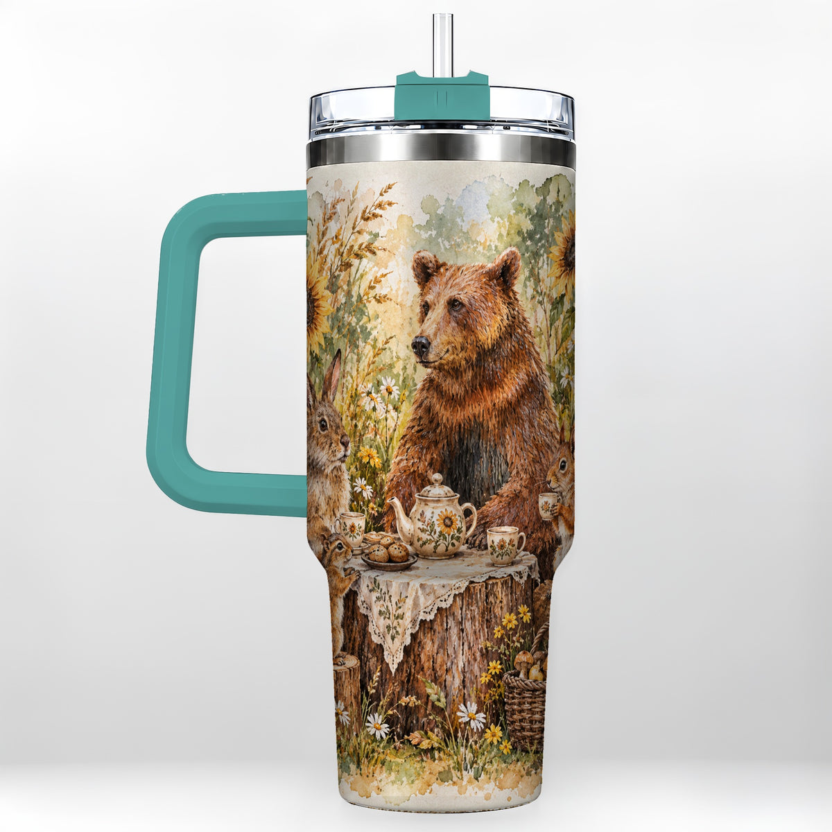 #pl[40oz|Green] Woodland Tea Party Tumbler 40oz, Forest Tumbler, Stainless Steel Travel Cup