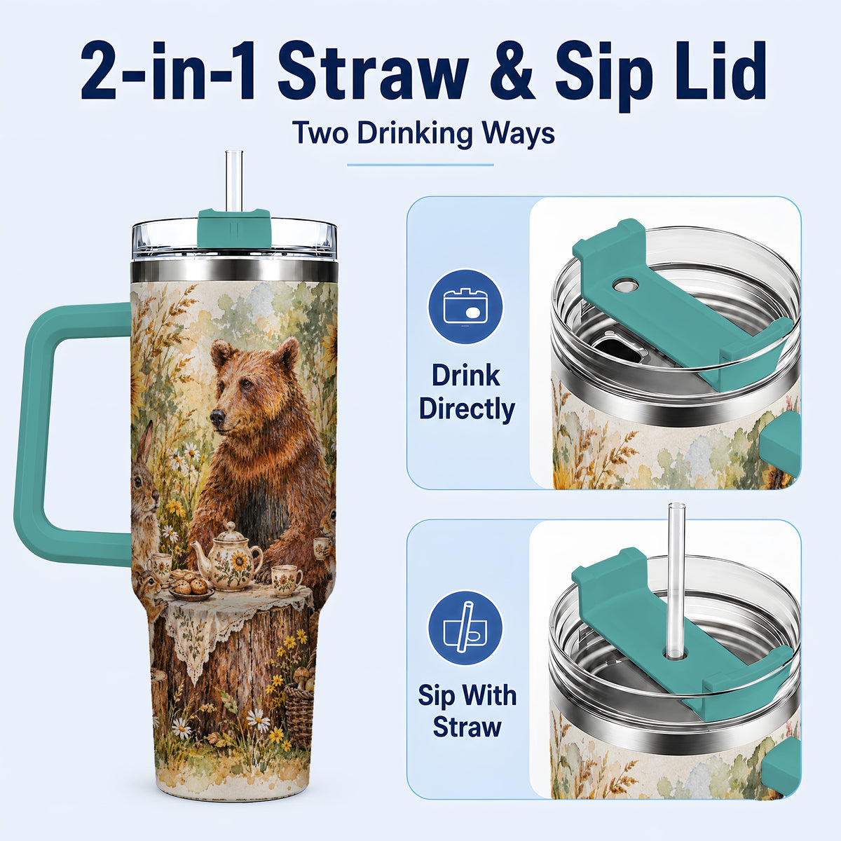 #pl[40oz|Green] Woodland Tea Party Tumbler 40oz, Forest Tumbler, Stainless Steel Travel Cup