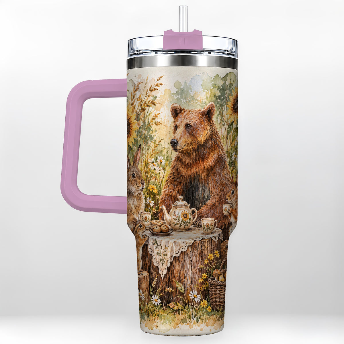 #pl[40oz|Pink] Woodland Tea Party Tumbler 40oz, Forest Tumbler, Stainless Steel Travel Cup