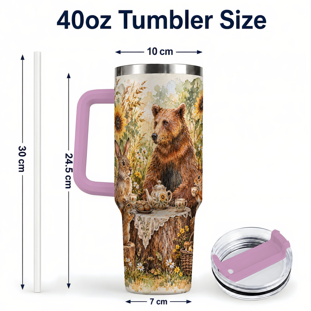 #pl[40oz|Pink] Woodland Tea Party Tumbler 40oz, Forest Tumbler, Stainless Steel Travel Cup
