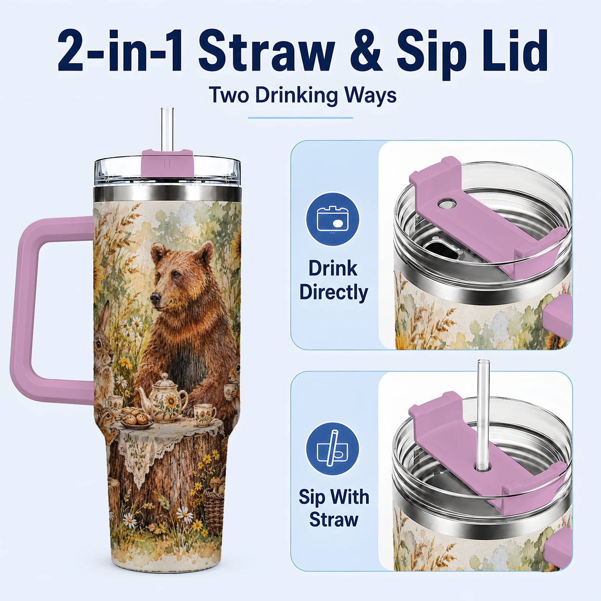 #pl[40oz|Pink] Woodland Tea Party Tumbler 40oz, Forest Tumbler, Stainless Steel Travel Cup
