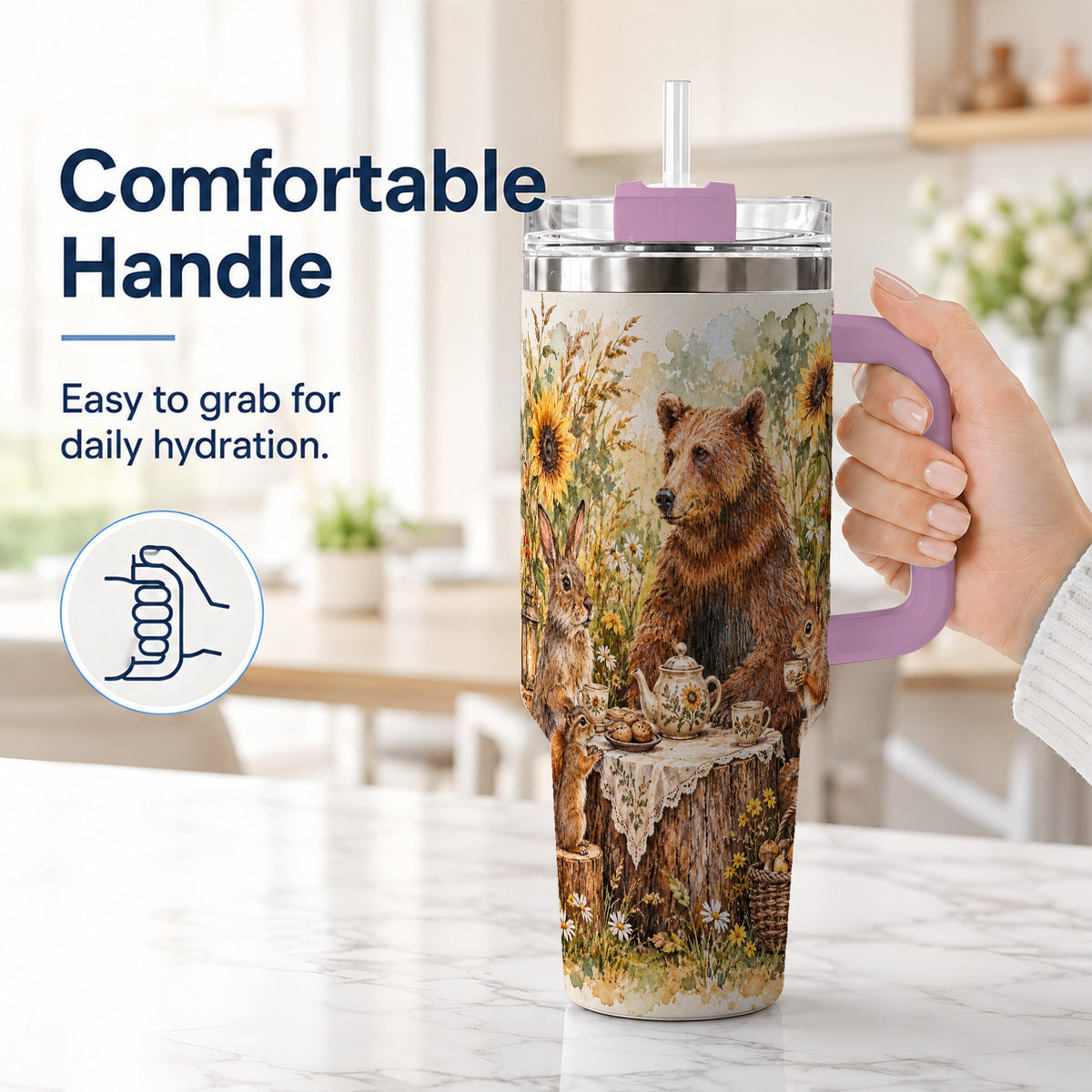 #pl[40oz|Pink] Woodland Tea Party Tumbler 40oz, Forest Tumbler, Stainless Steel Travel Cup