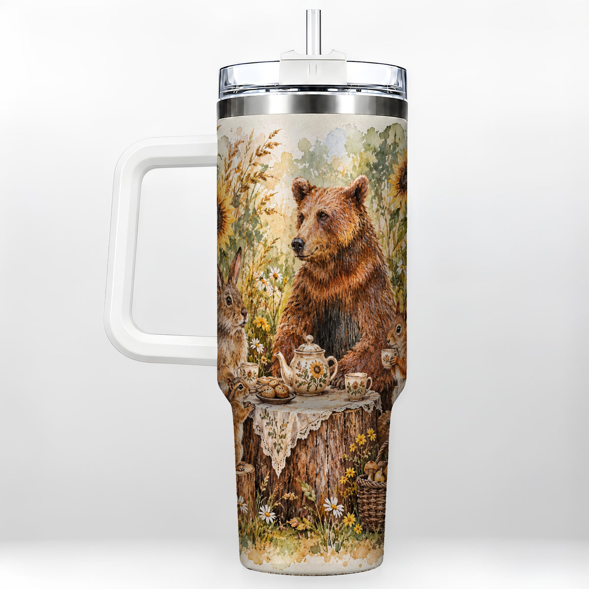 Woodland Tea Party Tumbler 40oz, Forest Tumbler, Stainless Steel Travel Cup