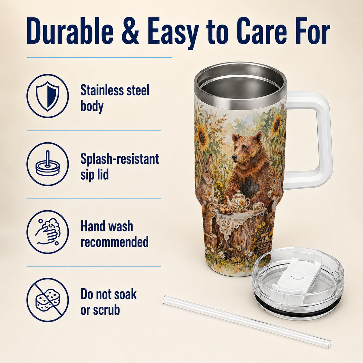 Woodland Tea Party Tumbler 40oz, Forest Tumbler, Stainless Steel Travel Cup