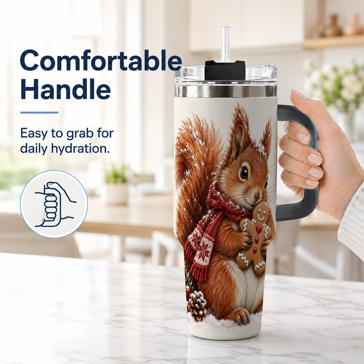 #pl[40oz|Black] Snowy Squirrel Tumbler 40oz, Cookie Tumbler, Stainless Steel Travel Cup
