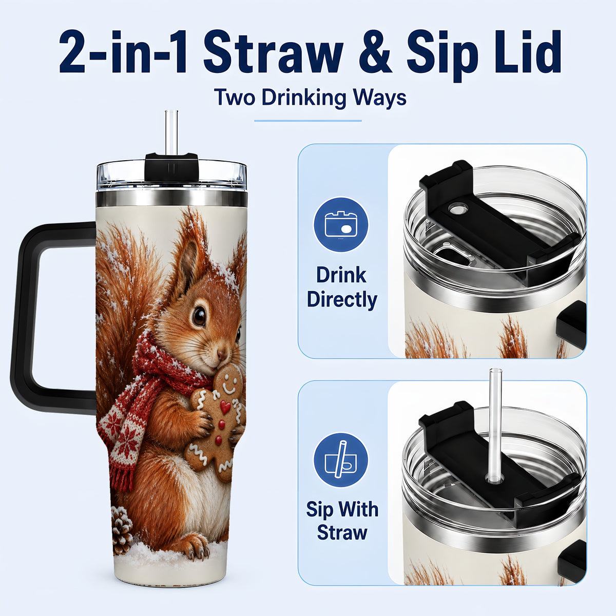 #pl[40oz|Black] Snowy Squirrel Tumbler 40oz, Cookie Tumbler, Stainless Steel Travel Cup