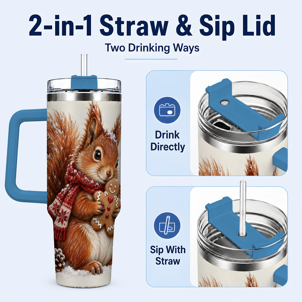 #pl[40oz|Blue] Snowy Squirrel Tumbler 40oz, Cookie Tumbler, Stainless Steel Travel Cup